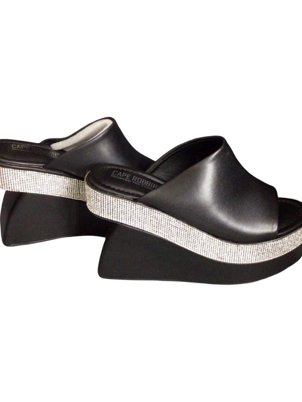 Cape Robbin Black Wedge Slide Sandals with Rhinestone Platforms size 7 NIB